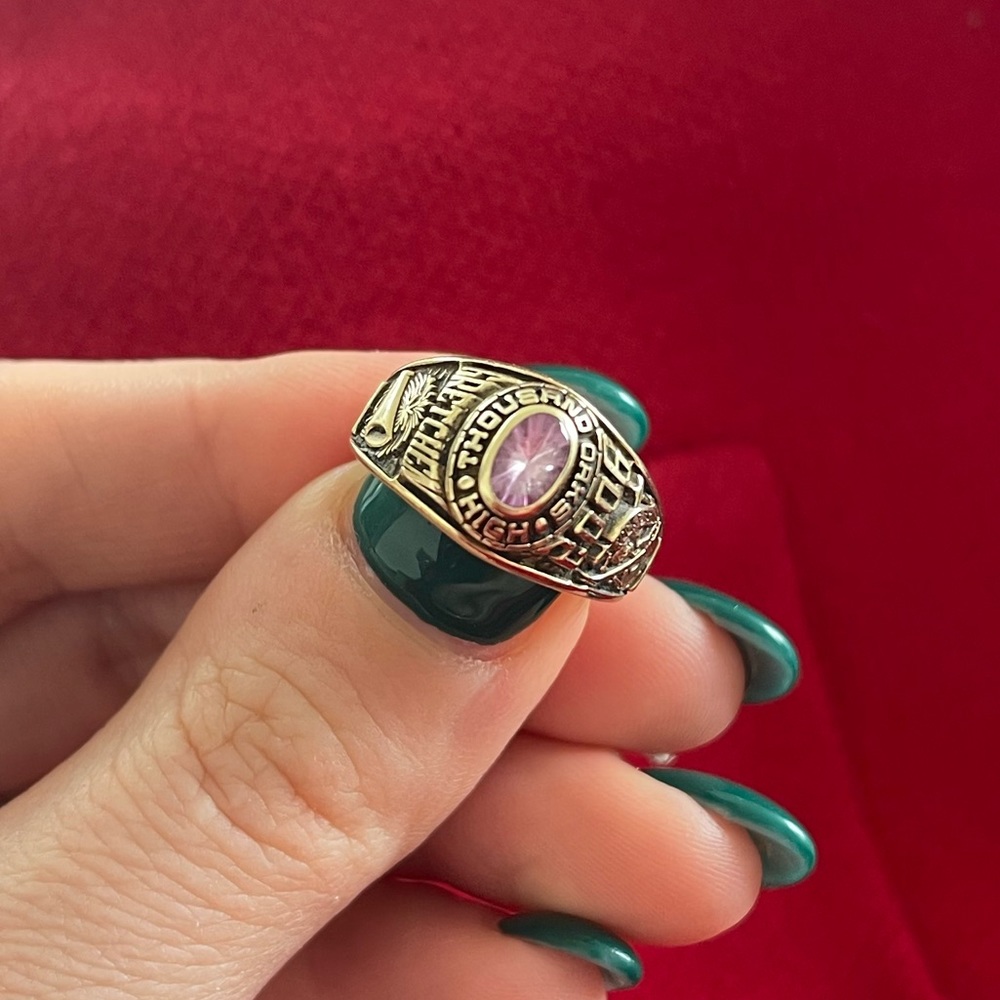 10k yellow gold high school class ring w a pink stone. Make me an offer! Size 6